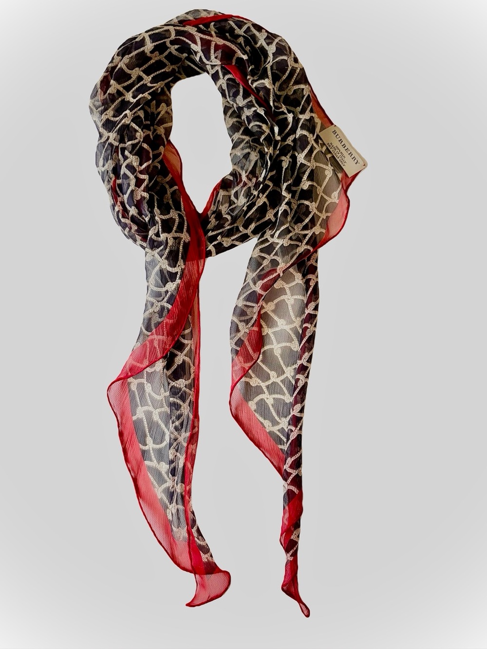 Burberry Rope Check Silk Chiffon Skinny Scarf Twilly Red Black SS 2024 rare
